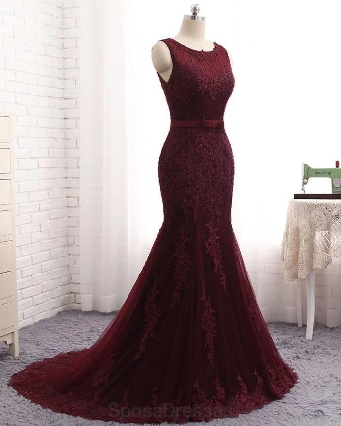 Scoop Maroon Lace Beaded Mermaid Long Evening Prom Dresses, Evening Party Prom Dresses, 12165