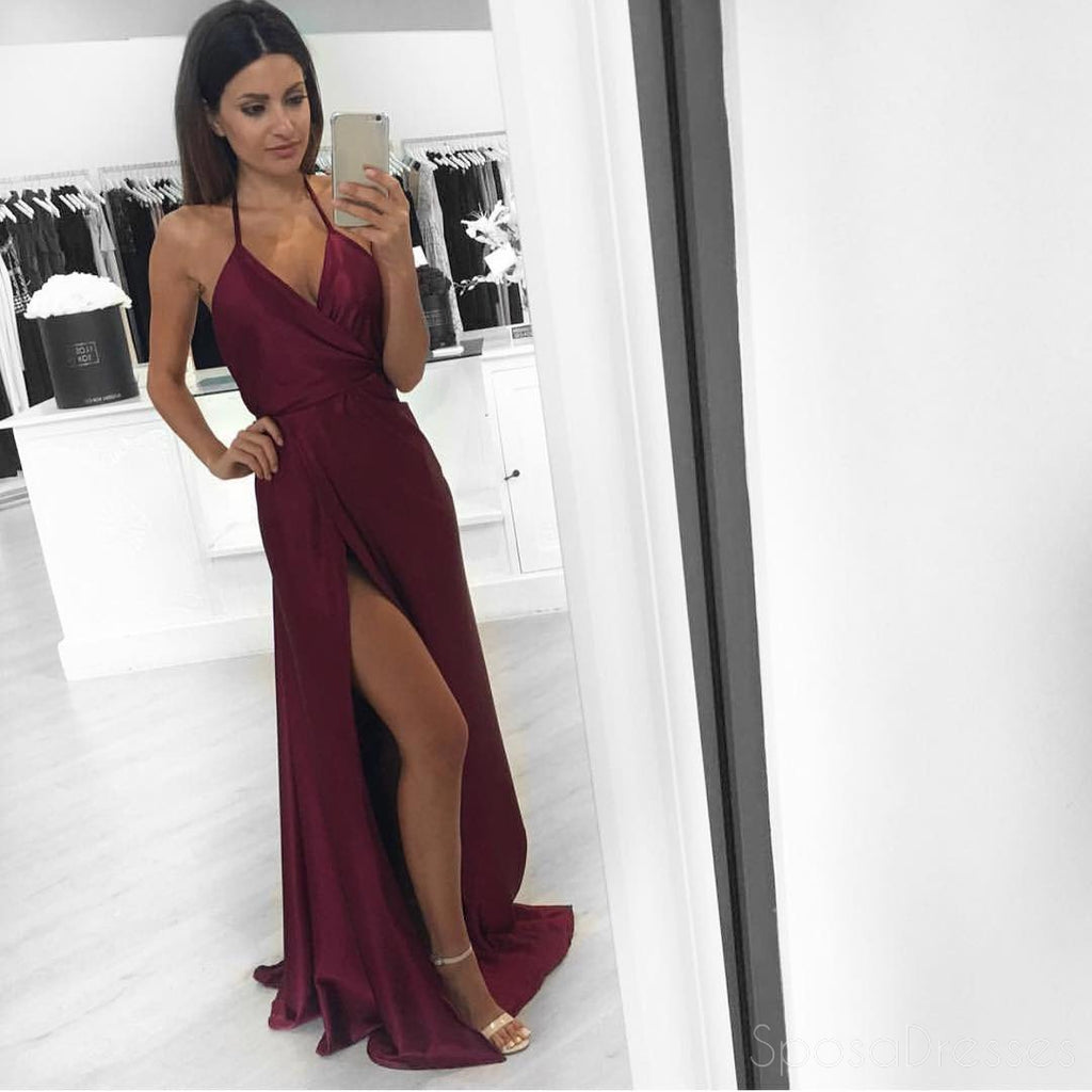 Halber V Neckline Maroon Abend Prom Kleider, Long Side Slit Sexy Party Prom Kleid, Custom Long Prom Kleider, Günstige formale Prom Kleider, 17128