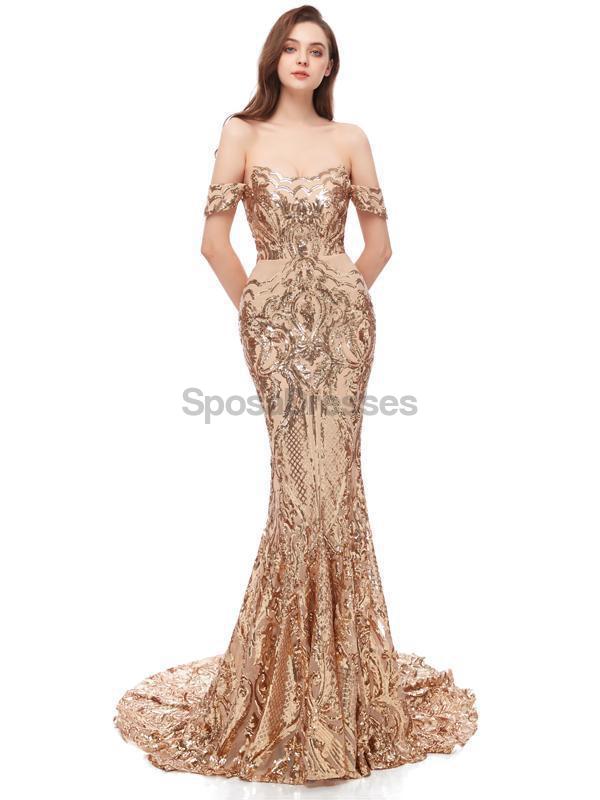 Fora do ombro Sparkly Gold Sequin Mermaid Evening Prom Dresses, Evening Party Prom Dresses, 12105