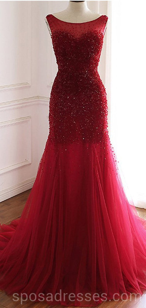 Mermaid See Through Red Long Evening Prom Dresses, Cheap Custom Party Prom Dresses, 18598