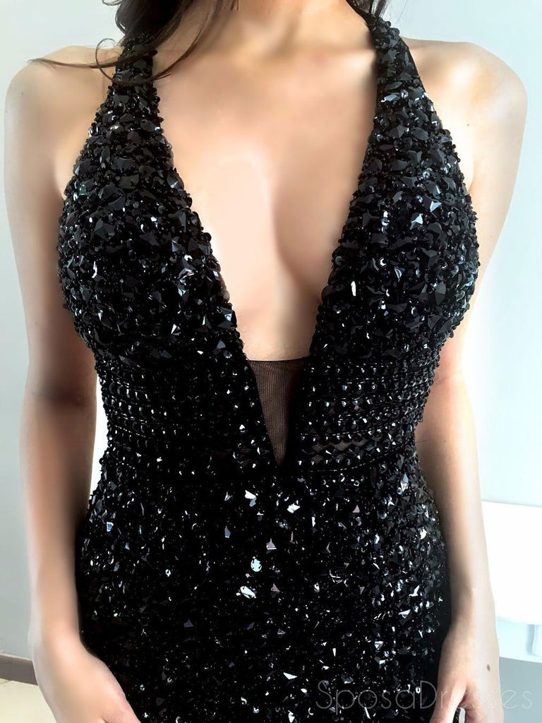 Sexy Deep V Neck Black Rhinestone Mermaid Floor Length Custom Long Evening Prom Dresses, 17372