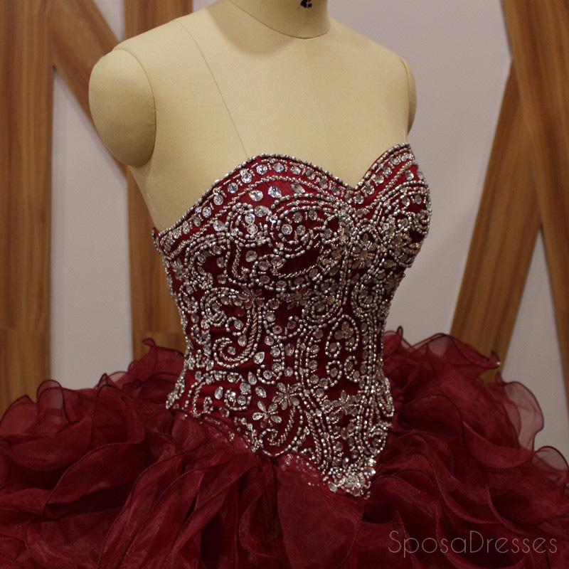 Maroon Ball Gown Beaded Organza Long Evening Prom Dresses, Cheap Sweet 16 Dresses, 18359