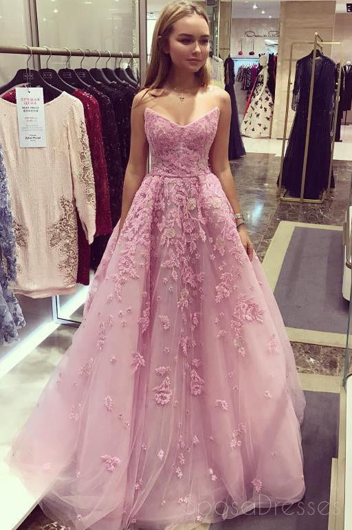 Popular V Neck Lace Pink A line Long Evening Prom Dresses, 17471