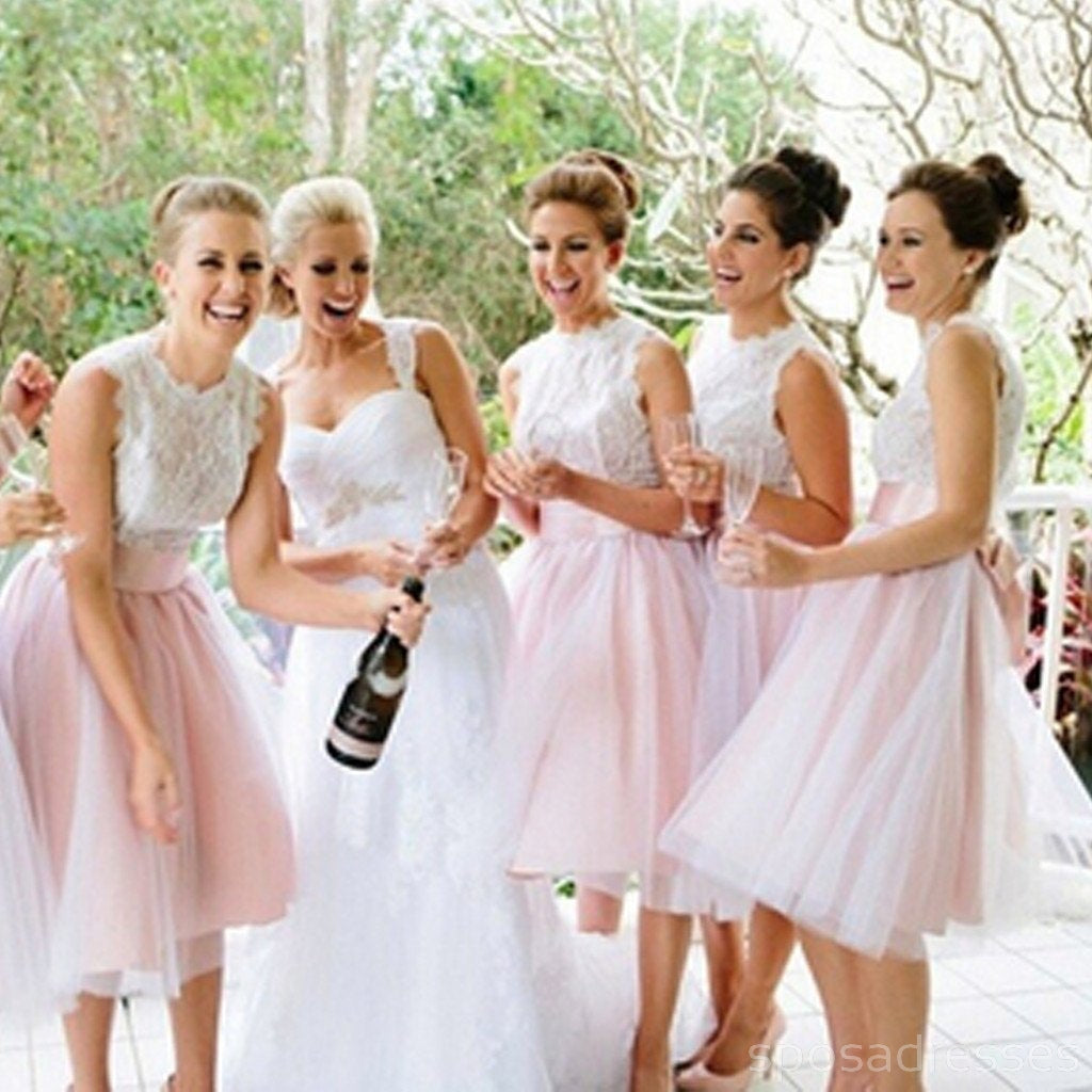 Junior Pretty Lace Round Neck Blush Pink Tulle Short Bridesmaid Dresses, WG33