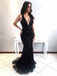 Sexy Deep V Neck Black Rhinestone Mermaid Floor Length Custom Long Evening Prom Dresses, 17372