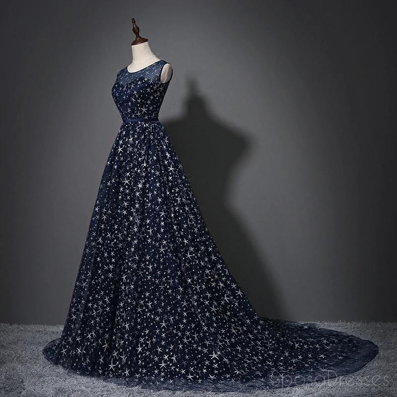 Scoop Navy Star Sequin Cheap Long Evening Prom Robes, Cheap Custom Sweet 16 Robes, 18536