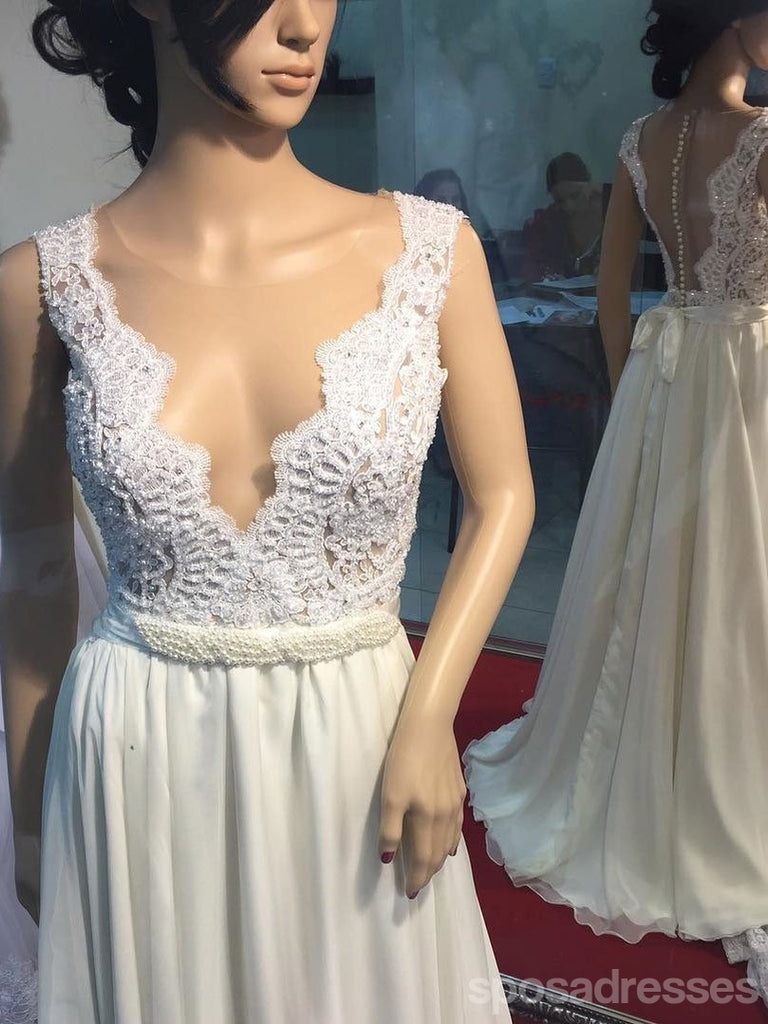 Voir à travers le cou en V, robes de mariée de plage bon marché simples perlées, WD319