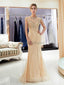 Gold Rhinestone Cap-Sleeves Heavily Beaded Mermaid Evening Prom Dresses, Evening Party Prom Dresses, 12042