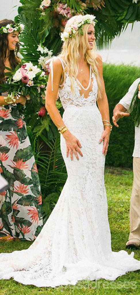 V Neck See Through Mermaid Cheap Wedding Dresses Online, Cheap Lace Bridal Dresses, WD438