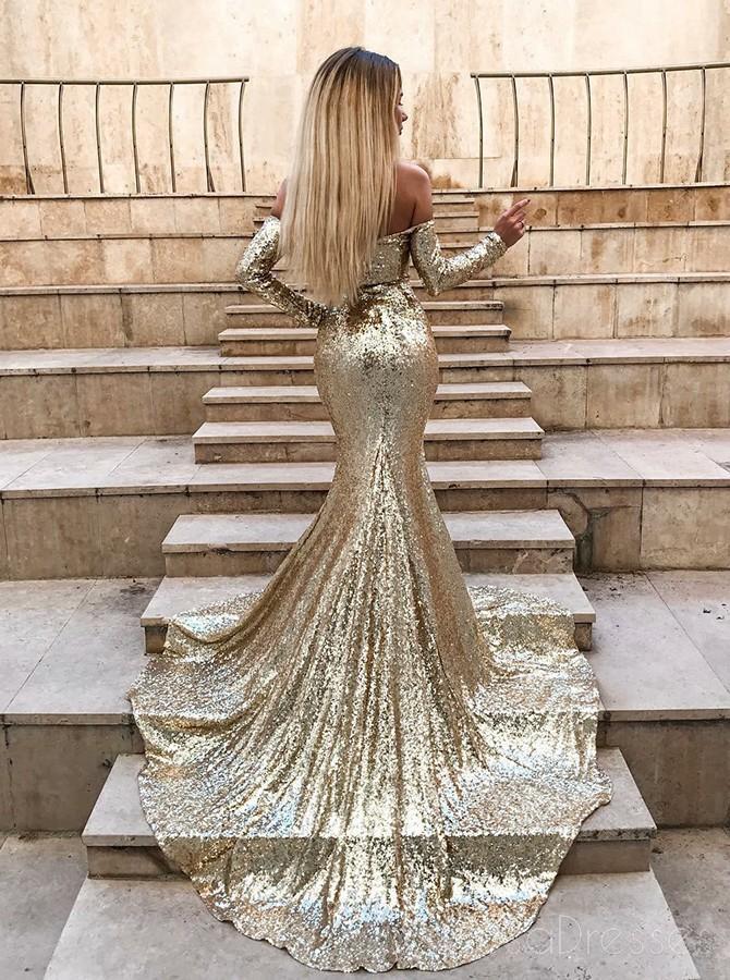 Sparkly Gold Sequin Long Slein Mermaid Evening Prom Dresses, Cheap Custom Sweet 16 Φορέματα, 18539