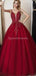 Dark Red Spaghetti Straps Lace Beaded A-line Long Evening Prom Dresses, Evening Party Prom Dresses, 12315