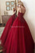 Dark Red Spaghetti Straps Lace Beaded A-line Long Evening Prom Dresses, Evening Party Prom Dresses, 12315