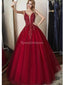 Dark Red Espaguete Correias Renda Beed A-line Long Evening Prom Dresses, Evening Party Prom Dresses, 12315