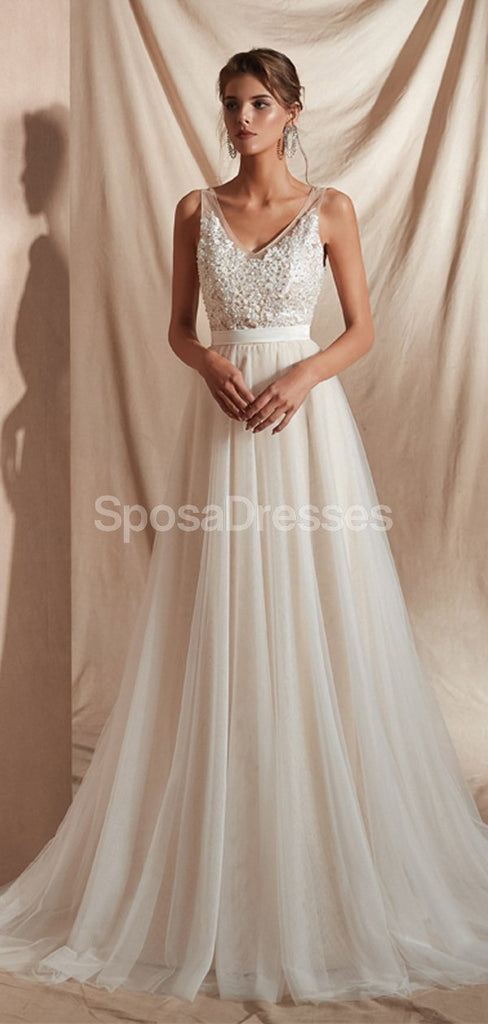 V Neck Lace A-line Cheap Wedding Dresses Online, Unique Bridal Dresses, WD580