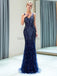 V Neck Navy Sparkly Heavily Beaded Mermaid Evening Prom Dresses, Evening Party Prom Dresses, 12036