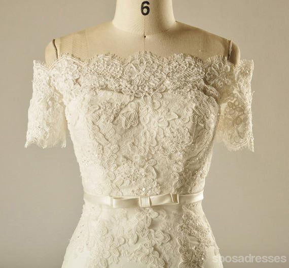 Short Sleeve Empire Waist Lace Beaded Wedding Dresses, Custom Made Wedding Dresses, Cheap Wedding Bridal Gowns, WD227