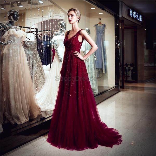 V Neck Dark Red Beaded A-line Evening Prom Dresses, Evening Party Prom Dresses, 12061