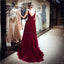 V Neck Dark Red Beaded A-line Evening Prom Dresses, Evening Party Prom Dresses, 12061