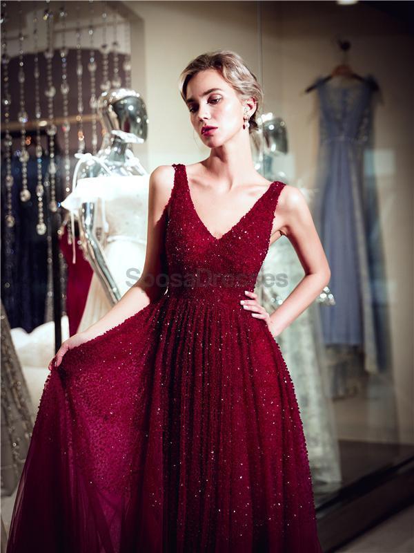 V Neck Dark Red Beaded A-line Evening Prom Dresses, Evening Party Prom Dresses, 12061