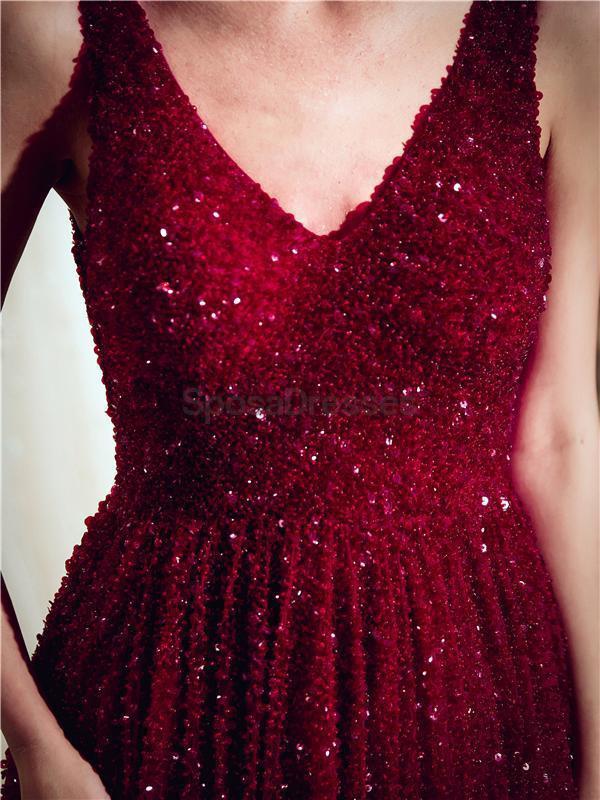 V Neck Dark Red Beaded A-line Evening Prom Dresses, Evening Party Prom Dresses, 12061