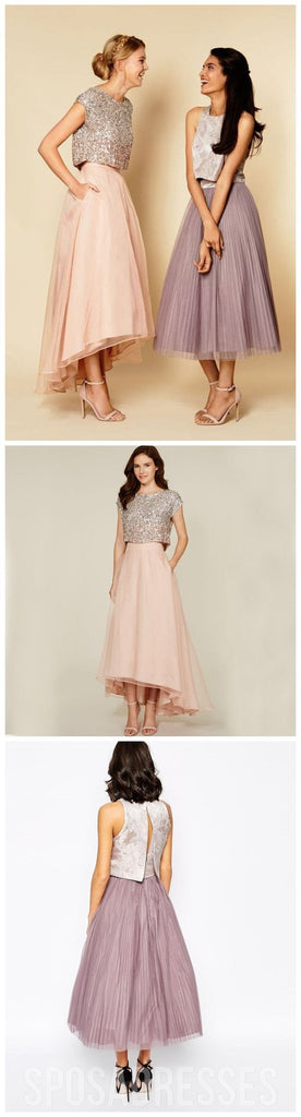 Pretty Two Pieces Cap Sleeve Sequin Top Organza Long Bridesmaid Dresses, WG38