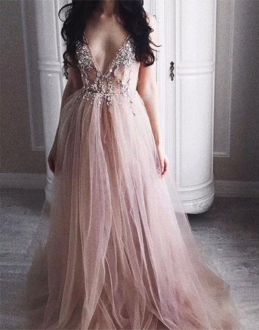 Pale Blush Pink Sexy Deep V Neckline Lace Beaded Long Evening Prom Dresses, Popular Cheap Long 2018 Party Prom Dresses, 17302