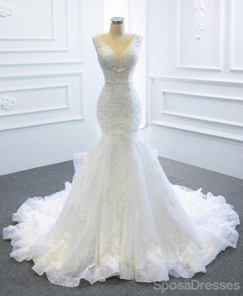 V Neck Organza Lace Mermaid Wedding Dresses, Cheap Wedding Gown, WD725