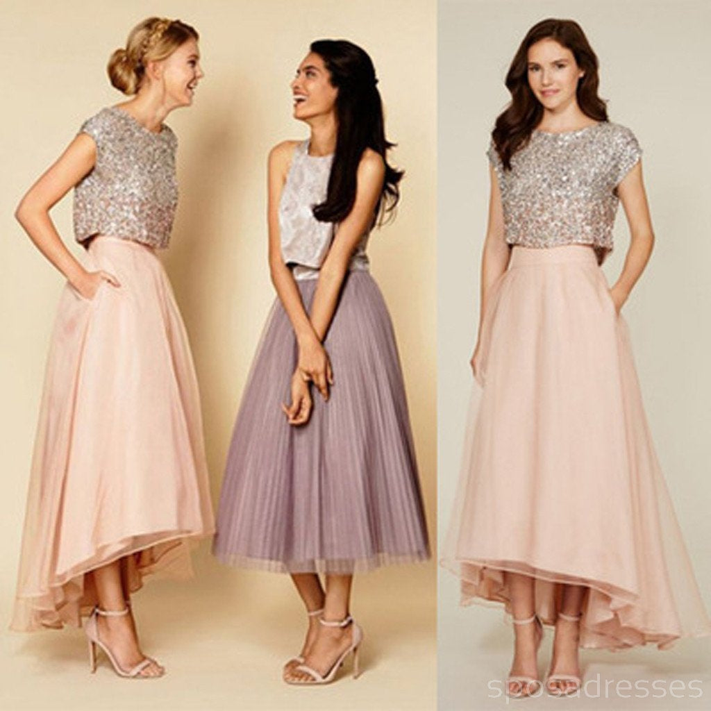 Pretty Two Pieces Cap Sleeve Sequin Top Organza Long Bridesmaid Dresses, WG38