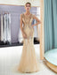 Gold Rhinestone Jewel Fortemente Beaded Mermaid Evening Prom Vestidos, Noite Party Prom Vestidos, 12040