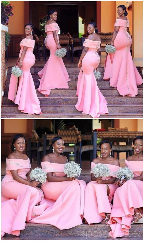 Off Shoulder Side Slit Mermaid Pink Cheap Bridesmaid Dresses Online, WG525