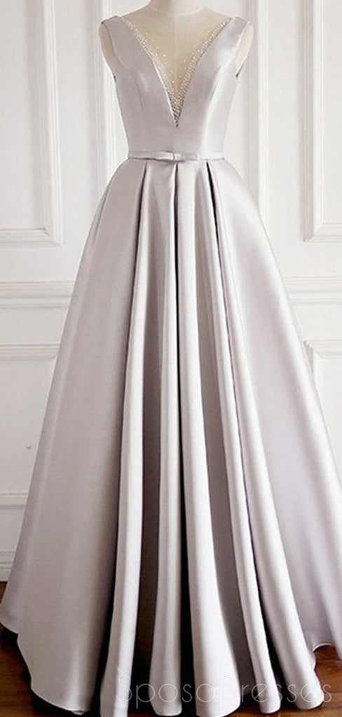 Sexy V Neck Grey Long Evening Prom Dresses, Cheap Custom Party Prom Dresses, 18607