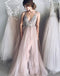 Pale Blush Pink Sexy Deep V Neckline Lace Beaded Long Evening Prom Dresses, Popular Cheap Long 2018 Party Prom Dresses, 17302