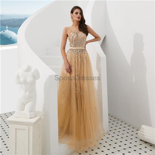 Cowl See Through Gold Beaded A-line Evening Prom Vestidos, Fiesta Vespertina De Fiesta De Graduación, 12093