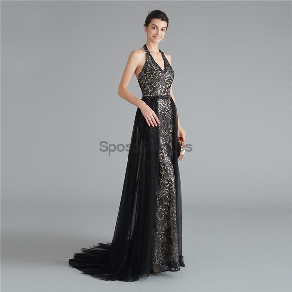 Sexy Halter Μαύρα Γοργόνα Lace Evening Prom Dresses, Evening Party Prom Dresses, 12124