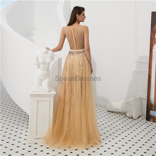 Cowl See Through Gold Beaded A-line Evening Prom Vestidos, Fiesta Vespertina De Fiesta De Graduación, 12093