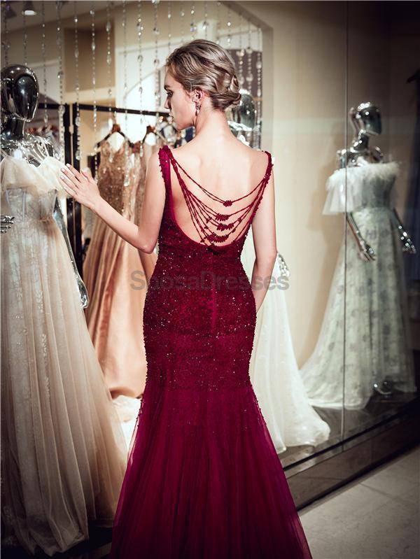 Scoop Dark Red Beaded Mermaid Evening Prom Dresses, Evening Party Prom Dresses, 12062