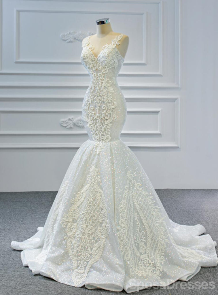 Gorgeous V Neck Lace Mermaid Wedding Dresses, Cheap Wedding Gown, WD720