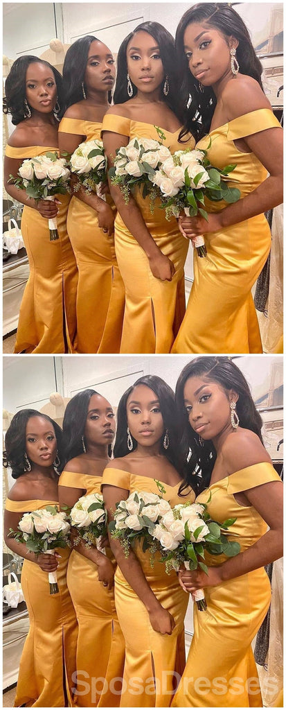 Off Shoulder Yellow Side Slit Mermaid Long Cheap Bridesmaid Dresses Online, WG667