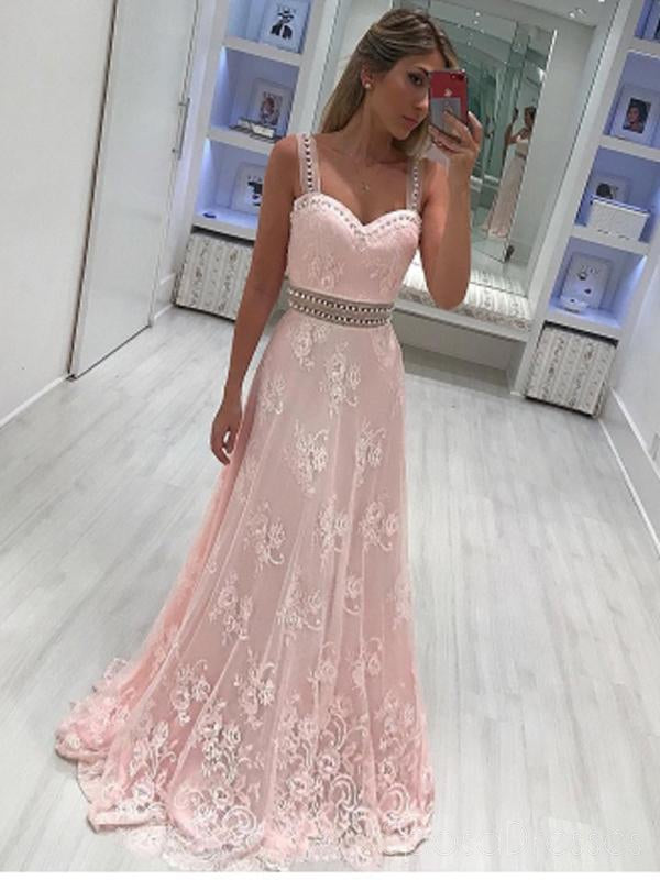 Lace Straps Light Pink Lace Rhinestone Long Evening Prom Dresses, 17510