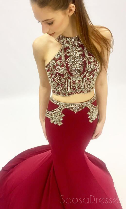 Sexy Two Pieces Beaded Dark Red Mermaid Long Evening Prom Dresses, 17571