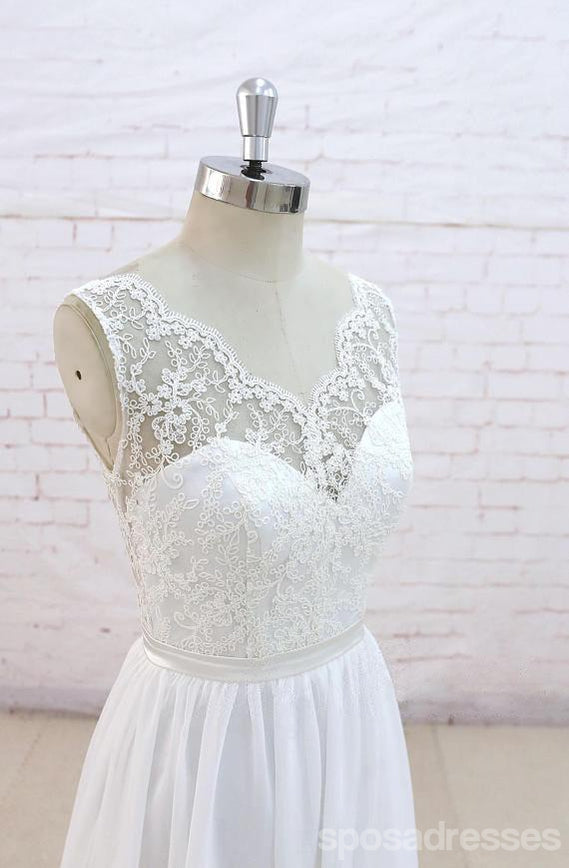 Lace See Through V Neck Cheap Beach Wedding Dresses Online, WD382