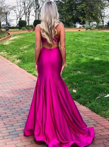 Hot Pink Mermaid Halter Side Slit Cheap Long Prom Dresses Online,12582