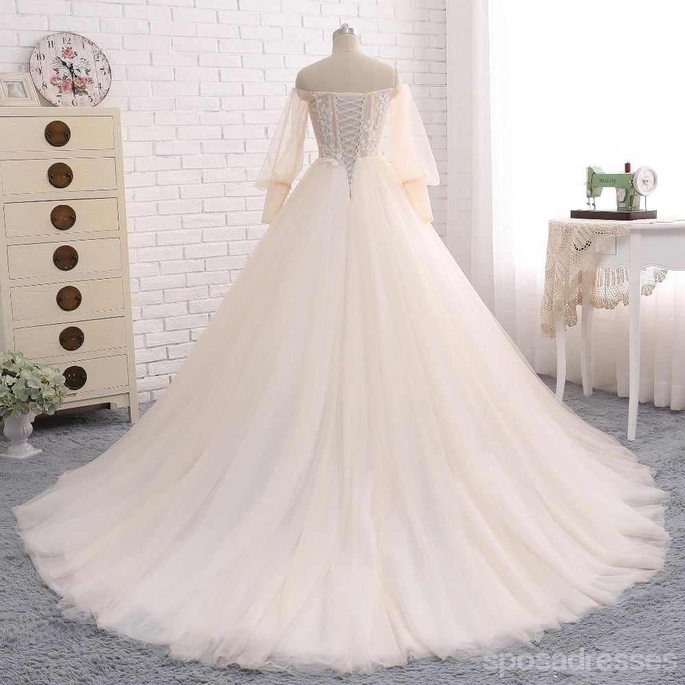 De ombro vestidos de casamento de casamento de cadarço de manga longos, vestidos de casamento feitos alfandegários, vestidos de noiva de casamento disponíveis, WD242