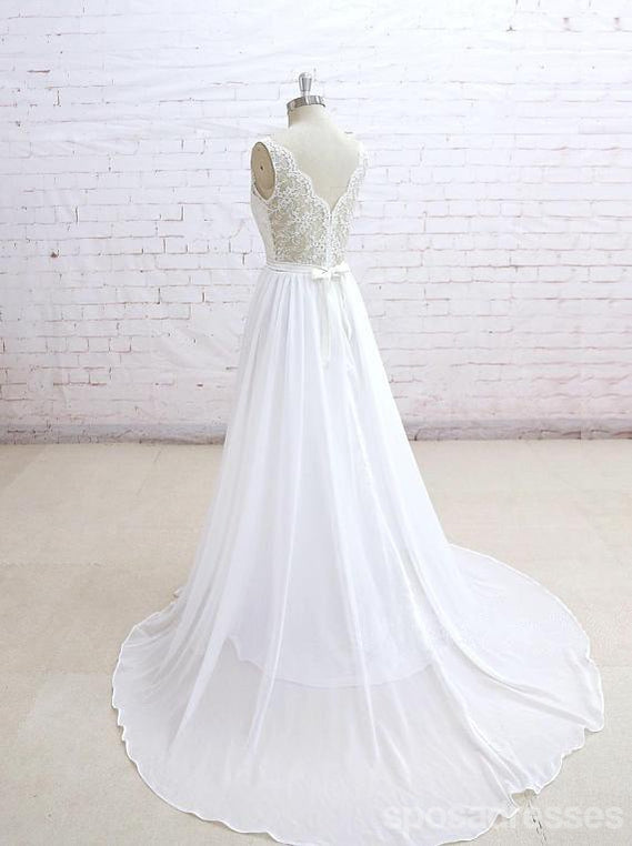 Lace See Through V Neck Cheap Beach Wedding Dresses Online, WD382