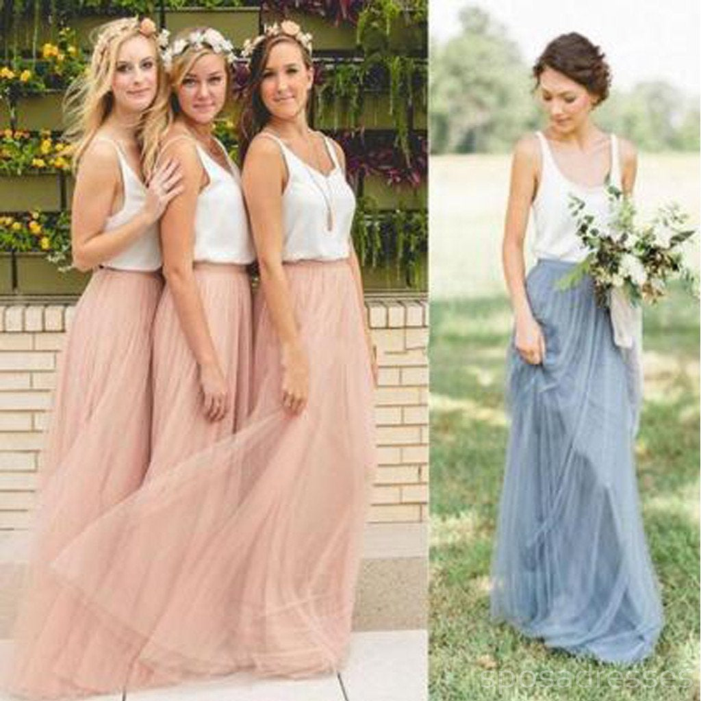 Popular Cheap Junior Off Shoulder Scoop Neck Tulle Long Bridesmaid Dresses, WG40