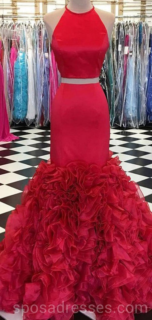 Dos piezas Halter Red Mermaid vestidos de fiesta largos de noche con bolsillos, vestidos de fiesta baratos y personalizados, 18604