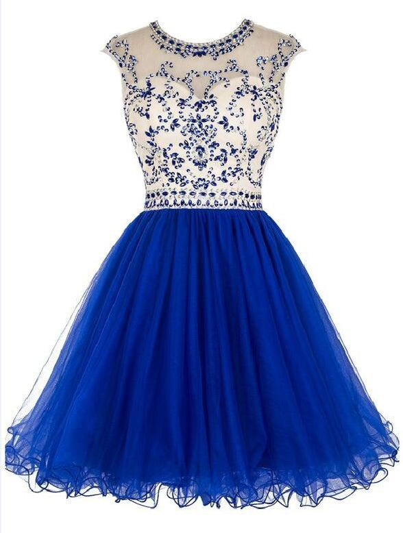 Sexy open back Royal Blue Short Tulle baile de Finalistas Vestidos, CM0008