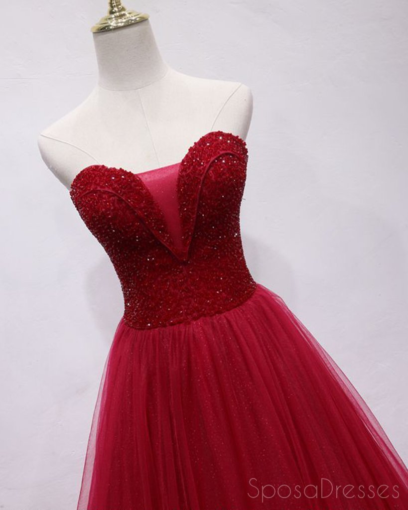 Sweetheart Beaded Dark Red Long Evening Prom Dresses, Cheap Custom Party Prom Dresses, 18594