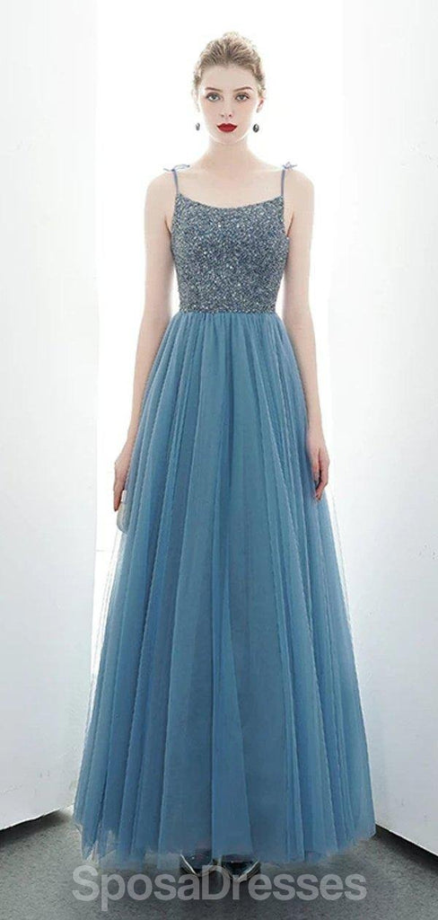 Spaghetti Straps Dusty Blue Cheap Evening Prom Dresses, Evening Party Prom Dresses, 12176