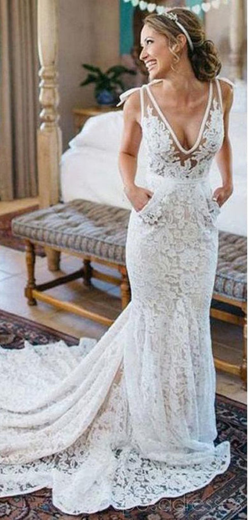 V-neck Lace Mermaid Cheap Wedding Dresses Online, Cheap Lace Bridal Dresses, WD478